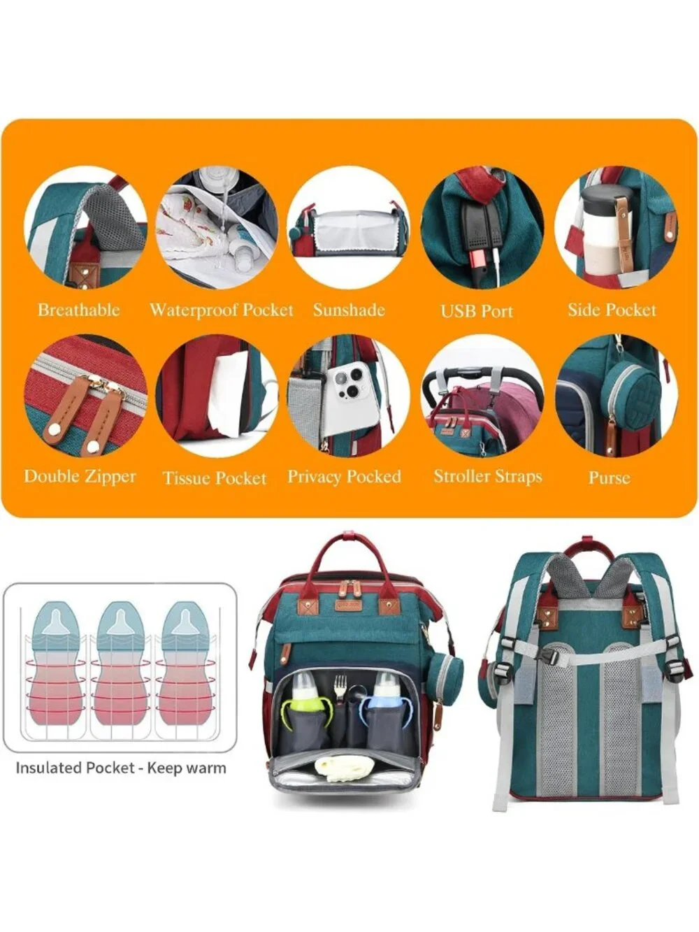 Stylish Waterproof Diaper Bag Backpack with Changing Station & USB Port - Large